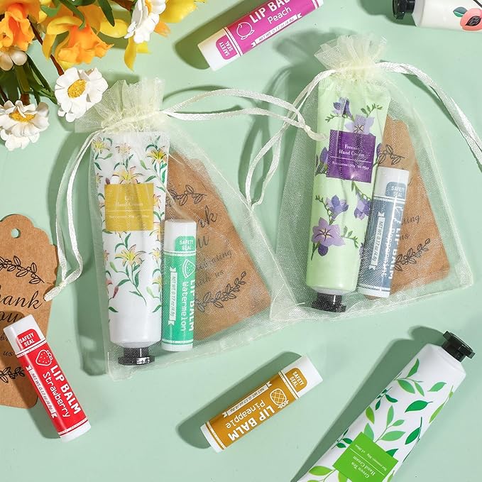 AZEN 60 Sets Bulk Gifts, Hand Cream and Lip Balm Bulk Set with Organza Bag Thank You Card, Baby Shower Wedding Gift for Guests, Bridal Wedding Favors for Guests, Mothers Day Gifts Stocking Stuffers