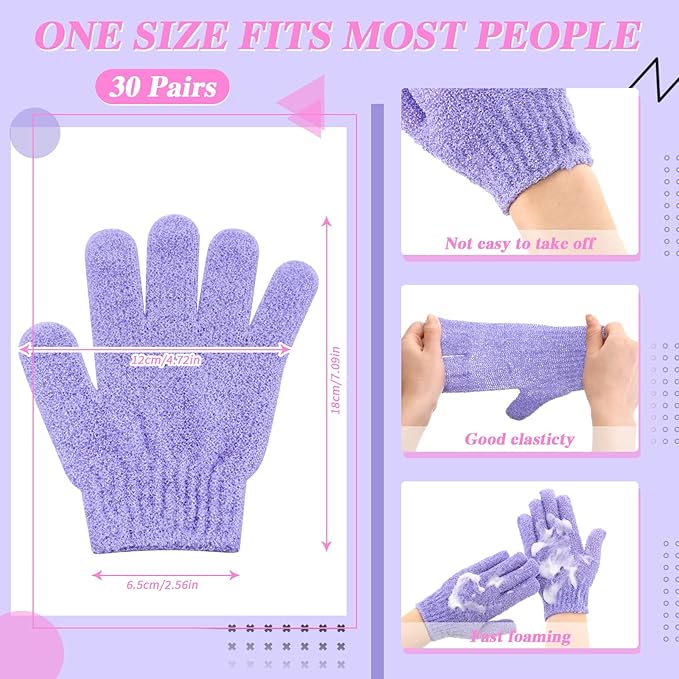 Ramede 30 Pair Exfoliating Glove Double Sided Exfoliating Bath Gloves Pack Nylon Colorful Shower for Men Women Beauty Spa Massage Shower Deep Clean Body Skin Bathing Scrubber Disposable(Purple)