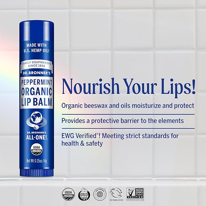 Dr. Bronner's - Organic Lip Balm (Peppermint, .15 ounce, 6-Pack) - Made with Organic Beeswax and Avocado Oil, For Dry Lips, Hands, Chin or Cheeks, Jojoba Oil for Added Moisture, Cooling and Hydrating