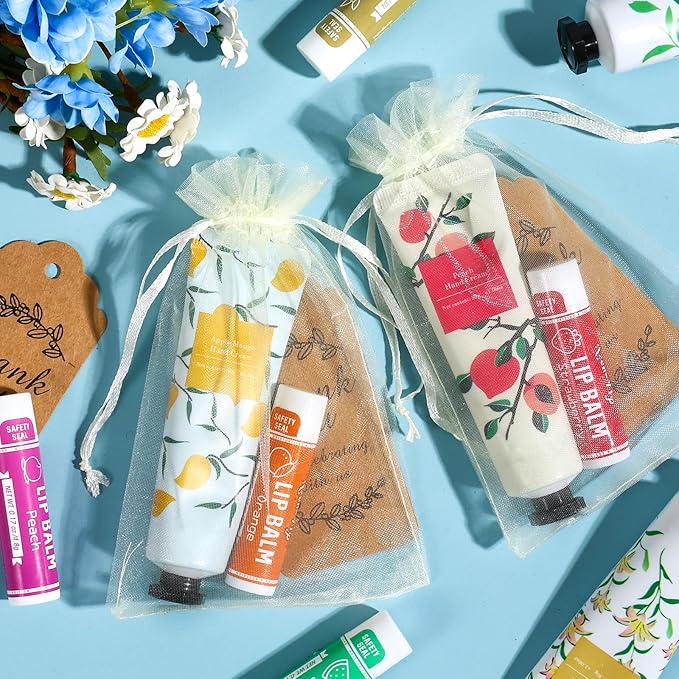 AZEN 60 Sets Bulk Gifts, Hand Cream and Lip Balm Bulk Set with Organza Bag Thank You Card, Baby Shower Wedding Gift for Guests, Bridal Wedding Favors for Guests, Mothers Day Gifts Stocking Stuffers