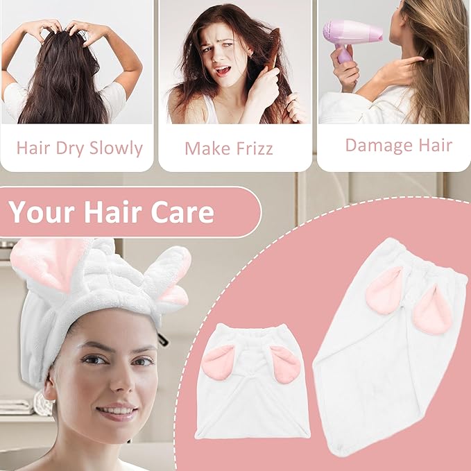 fhgnysm 2 Packs Microfiber Hair Towel, Hair Turbans for Wet Hair, Drying Hair Wrap Towels for Curly Hair Woman Anti Frizz,Head Towel to Dry Hair Quickly(White)