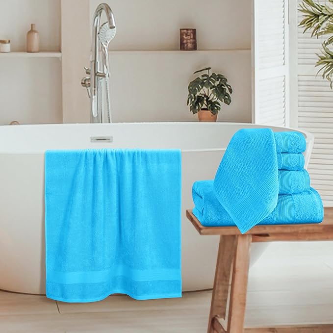 Belizzi Home 8 Piece Towel Set 100% Ring Spun Cotton, 2 Bath Towels 27x54, 2 Hand Towels 16x28 and 4 Washcloths 13x13 - Ultra Soft Highly Absorbent Machine Washable Hotel Spa Quality - Turquoise Blue