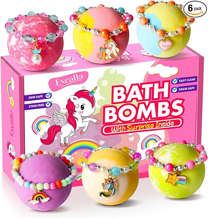 Unicorn Bath Bombs with Surprise Inside for Kids Girls, 6 Kids Bath Bombs with Jewelry Inside, Natural Bubble Bath Set for Skin Moisturizing, Birthday Christmas Easter Gifts for 4 5 6 7 8 Year Old