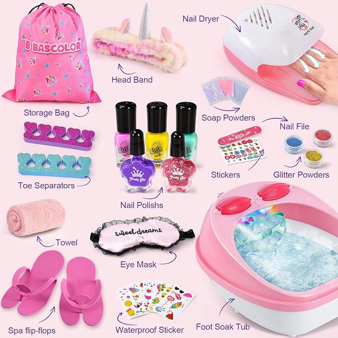 Kids Foot Spa & Nail Kit Set, Kids Spa Day Kit for Girls, Massage Foot Soak Tub and Nail Dryer, Toys Manicure Pedicure Art Salon Girl Gift for 5 6 7 8-12, Christmas Birthday Gifts