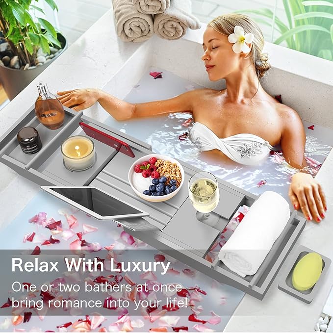 Bamboo Bathtub Caddy Tray (Non-Foldable, Gray)