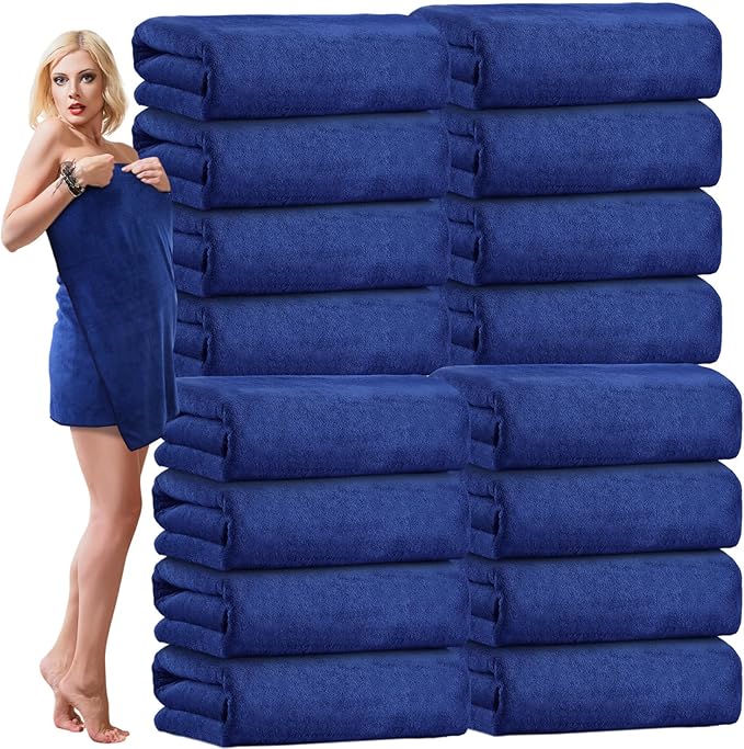SmoothNovelty 16 Pack Microfiber Bath Towels Bulk 27'' x 60'' Oversized Beach Towel Highly Absorbent Extra Large Soft Drying for Shower Pool Salon Sauna Bathroom Gym Party (Simple,Navy Blue)