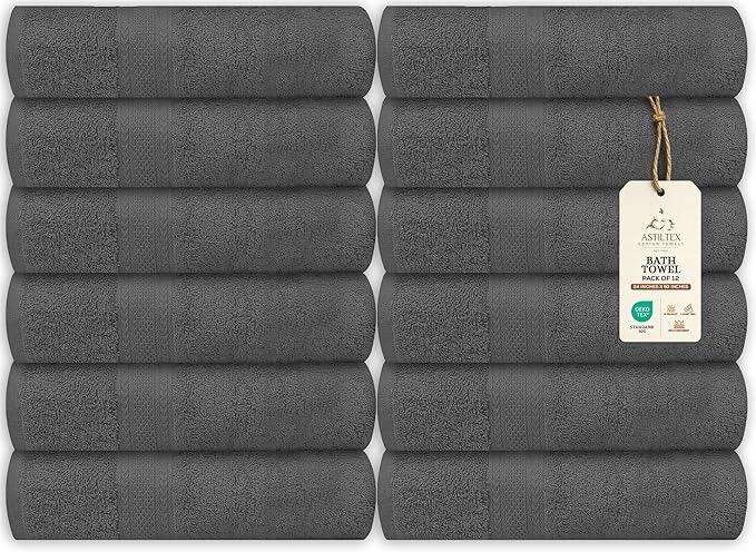 Large Bath Towels Bulk Set of 12 – 100% Cotton Terry – 24" x 50" – Quick Dry, Soft & Highly Absorbent – Charcoal Grey Towels for Bathroom, Gym, Spa, Pool & Daily Use