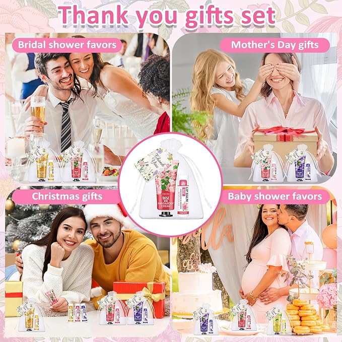 VISCOO 40 Sets Hand Cream and Lip Balm Bulk Set, Mothers Day Gifts, Teacher Appreciation Gifts, Nurses Week Gift, Wedding Favors for Guests with Thank You Card Organza Bags, Birthday Gift for Women