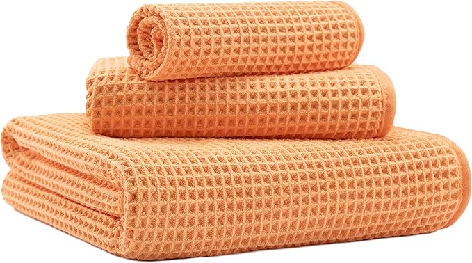 MICROFI Microfiber Waffle Bath Towels, 3 Pieces, Oversized, Soft, Absorbent, Fast Drying, Lint Free, Includes Bath, Face and Hand Towels 430 GSM