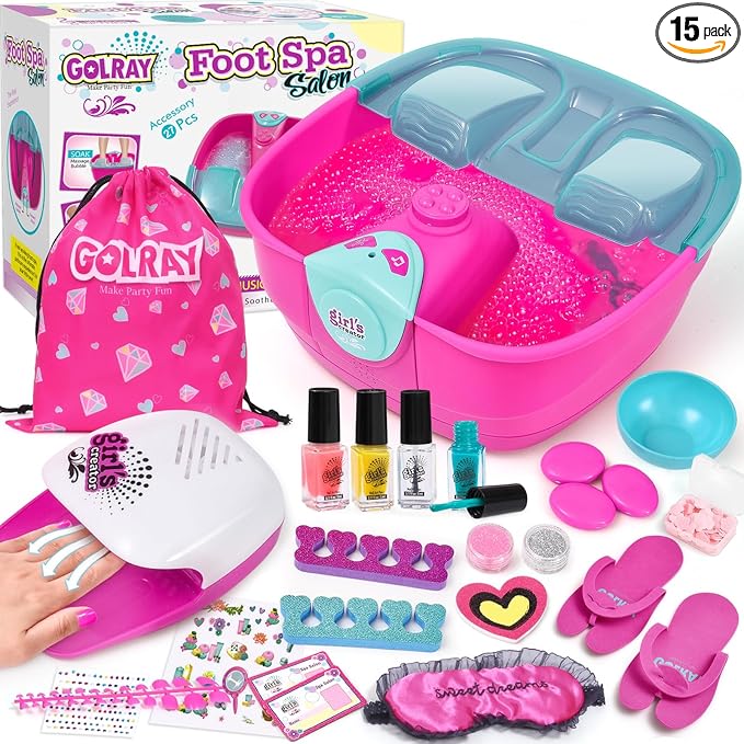 Golray Kid Foot Spa & Nail Kit, Girl Gift for 5 6 7 8-12 Year Old Toys Manicure Pedicure Art Salon, Massage Bubble & Music Foot Soak Tub, Spa Day Sleepover Party Supply Christmas Girl Birthday Gift
