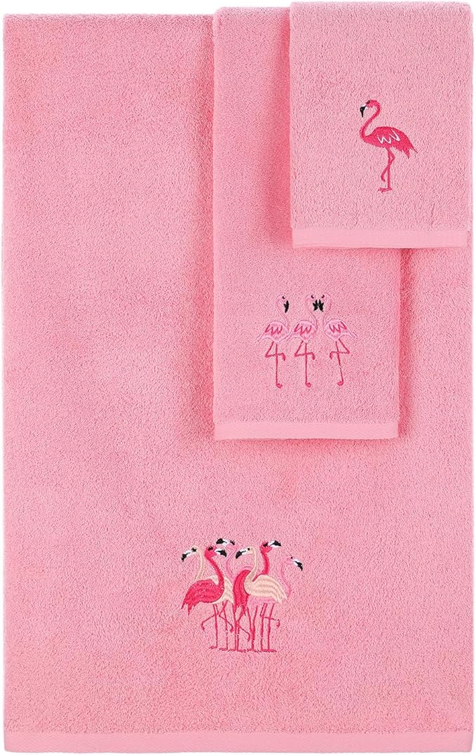 3 Pcs Flamingo Bathroom Towel Set Farmhouse Embroidered Flamingo Towels Vintage Decorative 100% Cotton Bath Towel Highly Absorbent Elegant Summer Decor Set for Bathroom