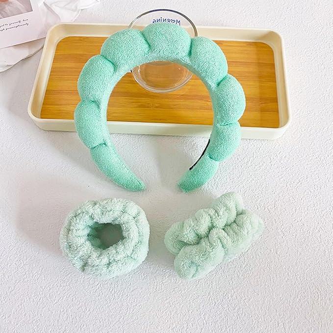 Beleki Spa Headband for Washing Face Wristband Set Makeup Skincare Face Washing Headband Sponge Terry Cloth Bubble Puffy Hairband Non Slip Headwear Hair Accessory for Women - Mint