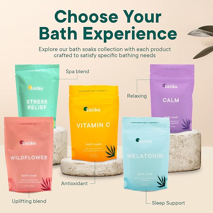 Latika Soaks Set of 3 - Vitamin C Bath Soaks with Sweet Orange and Geranium Rose - Moisturizing Epsom Salt Soaks for Stress Relief, Detox, and Antioxidant Skincare - At Home Spa Retreat