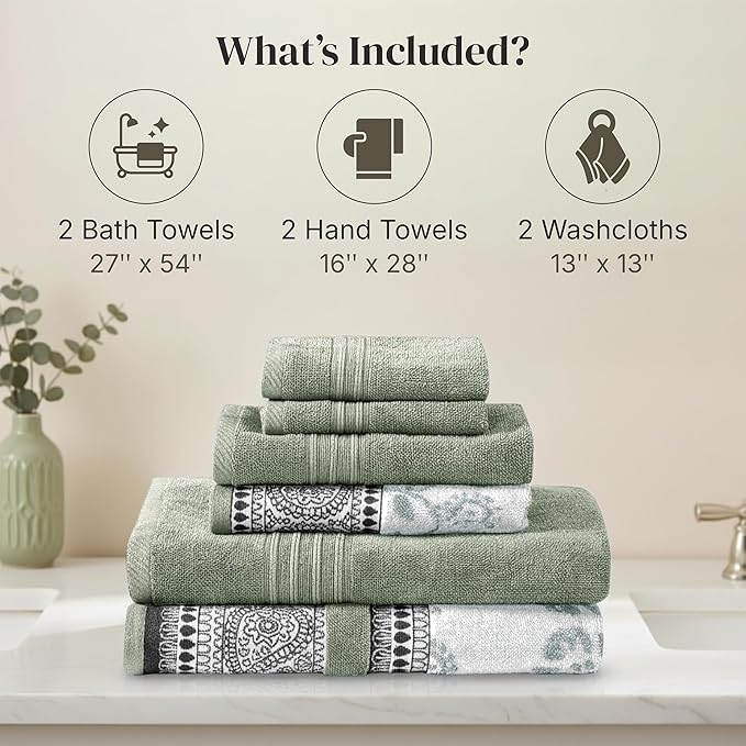 Modern Threads Floral Trail 6-Piece 100% Cotton Towel Set – Reversible Yarn Dyed Jacquard – Includes 2 Bath Towels, 2 Hand Towels, 2 Washcloths – Absorbent, Quick Dry, Soft & Durable – Sage Green