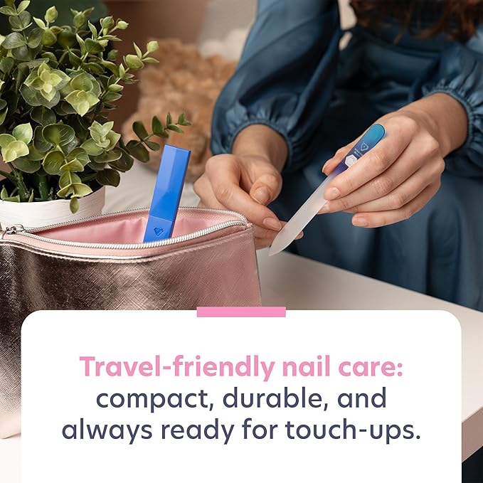 Bona Fide Beauty Glass Nail File with Case, Aqua Cobalt Czech Glass Fingernail Files Handcrafted from the EU. Ideal Nail Care Tool for Natural Nails.