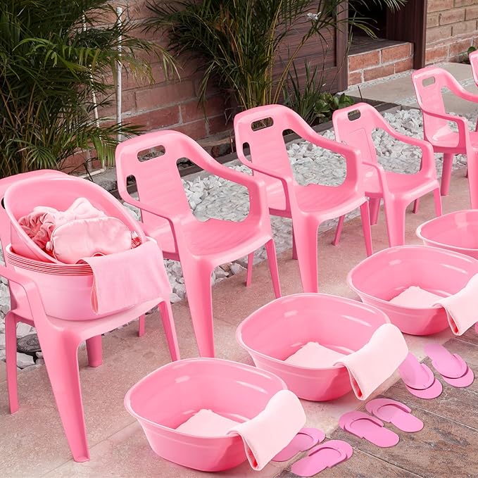 Thiccywoov 54Pcs Kids Foot Spa Party Supplies for Girl Spa Party Favors 6 Washbasin 6 Tote Bags 6 Hand Towels 6 Toe Separators 6 Hair Scrunchies 6 Hairband 6 Slipper 6 Eye Mask 6 Nail File (Pink)