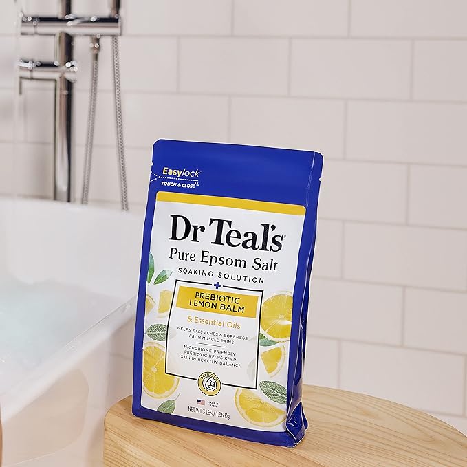 Dr Teal's Pure Epsom Magnesium Salt Soak, Prebiotic Lemon Balm & Essential Oil, 3 lbs (Pack of 4)