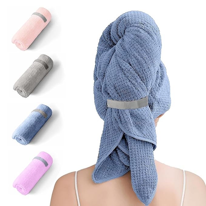 Microfiber Hair Towel Wrap for Women, Quick-Dry Turban, Ultra Absorbent & Anti-Frizz, Ideal for Long, Thick & Curly Hair, Soft Lightweight Drying Towel (24x42, Blue)