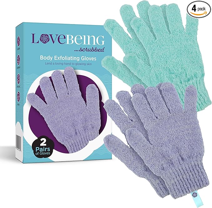 Love Being Scrubbed Body Exfoliating Gloves (2 Pair, 4 Count, Assorted Colors), Stretchy Exfoliating Body Scrubber for Bath & Shower, Body Exfoliator for Women & Men for Softer, Smoother Skin