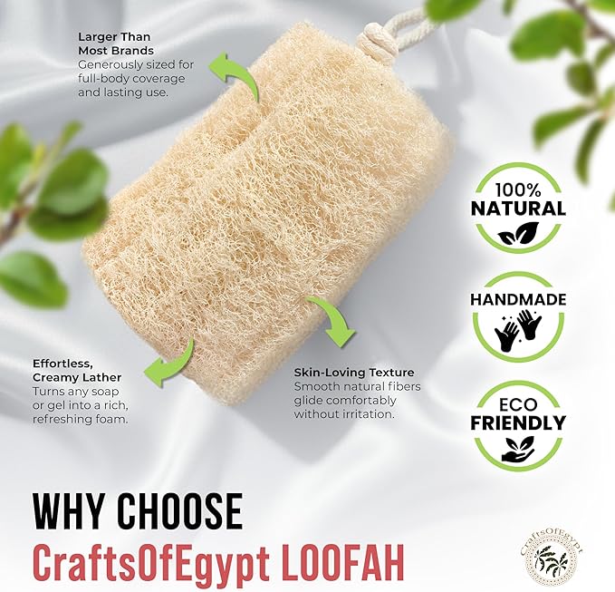 CraftsOfEgypt Natural Loofah Sponge – Egyptian Luffa Body Scrubber Pack of 4 for Men & Women, Natural Bath & Shower Loofah Exfoliator, All Natural Loofah Sponges for Face Back & Body, 6" x 6"