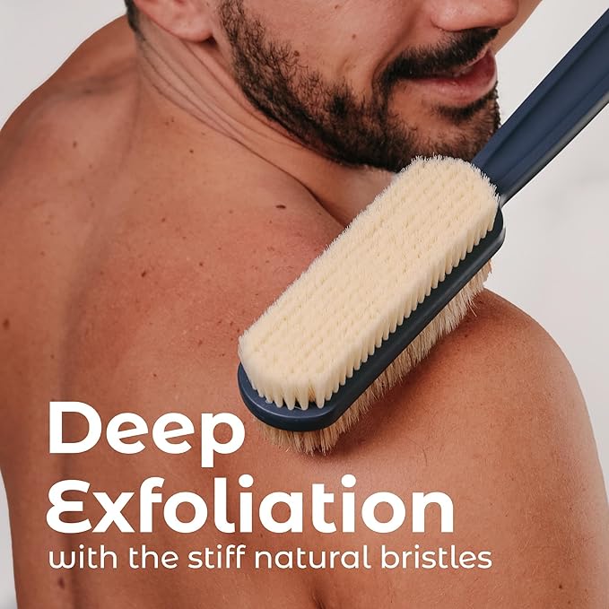MainBasics Back Scrubber for Shower, Long Handle Body Brush with Dual-Sided Exfoliating and Soft Bristles, 15.75 Inch (Blue)