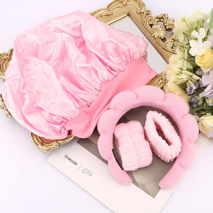 Pink Headband Hair Bonnet For Sleeping Shower Cap For Women Reusable Waterproof Skincare Head Bands Hair Accessories For Women Satin Bonnet Spa Headband Wrist Bands for Washing Face