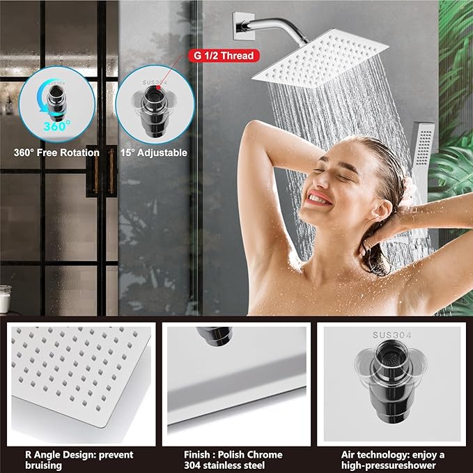 Midanya Shower System with Tub Spout,Bathtub Shower Faucet Set with Square Rainfall Head and Handheld Sprayer Wall Mount Tub Faucet Set with Valve and Trim Kit,8 Inch Polish Chrome