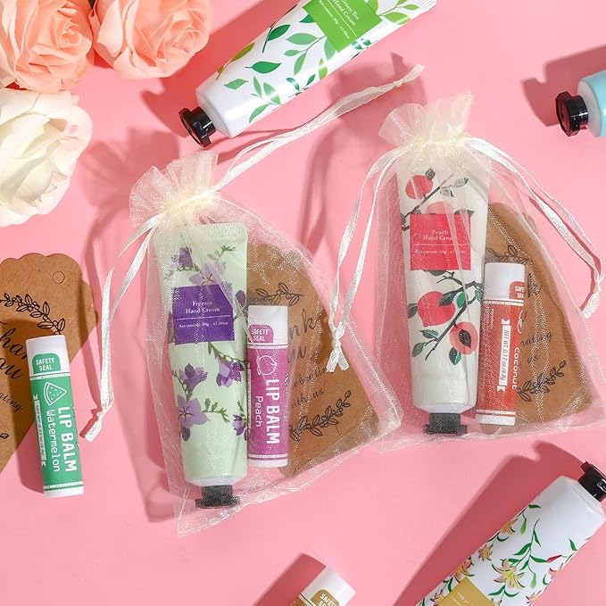 AZEN 60 Sets Bulk Gifts, Hand Cream and Lip Balm Bulk Set with Organza Bag Thank You Card, Baby Shower Wedding Gift for Guests, Bridal Wedding Favors for Guests, Mothers Day Gifts Stocking Stuffers