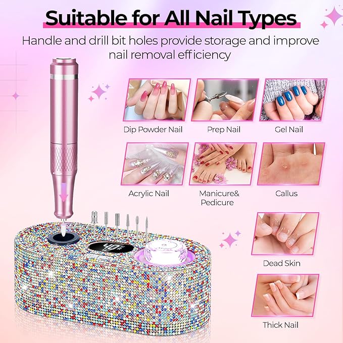 JOSGLOI Electric Nail Drill Professional: Shiny 40000RPM Electric Nail File Kit E File Nail Drill Machine with LCD Display for Acrylic Gel, Manicure Pedicure Polishing Grinder for Salon Home, Diamond