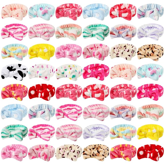 Tigeen 48 Pieces Spa Headband Bulk, Headband for Washing Face, Coral Fleece Bow Skincare Hair Band, Valentines gift for Women Shower Cosmetic Facial Makeup Mask(Multicolor,24 Styles)
