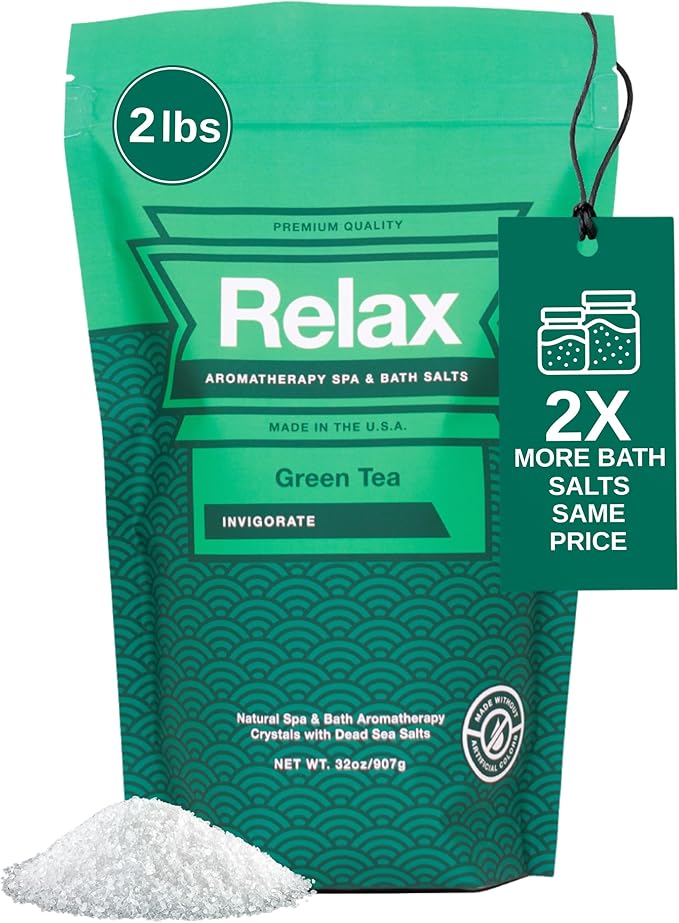 Relax Spa & Bath Aromatherapy Bath Salts for Hot Tub, Bath, or Spa, 2LB Bag Infused with Magnesium, Bath Salt for Soaking, Green Tea Scent