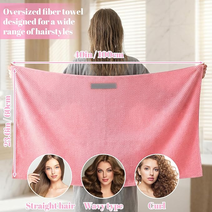 Pink Hair Towel, Large Quick Dry Microfiber Hair Towel Wrap Super Soft, Anti Frizz & Ultra Absorbent Perfect for Women with Thick, Curly, Wet Long Hairs, Extra Large 20x40 Inches