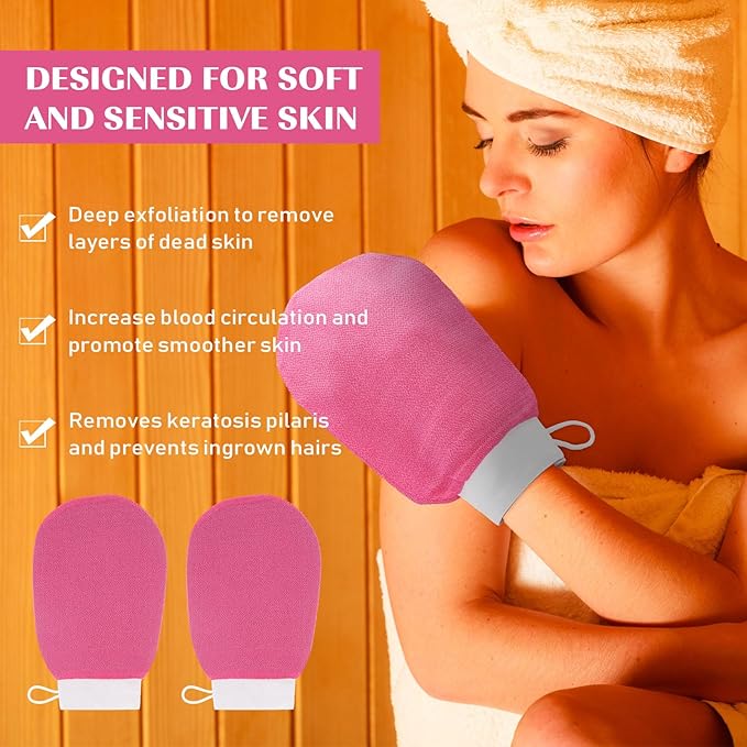 FoldTier 20 Pcs Exfoliating Glove Bulk Summer Exfoliator Mitt Body Scrubber 150d Viscose Fiber Deep Skin Korean Scrub Mitt for Spa Massage Dead Skin Remover for Men and Women(Rose Red)