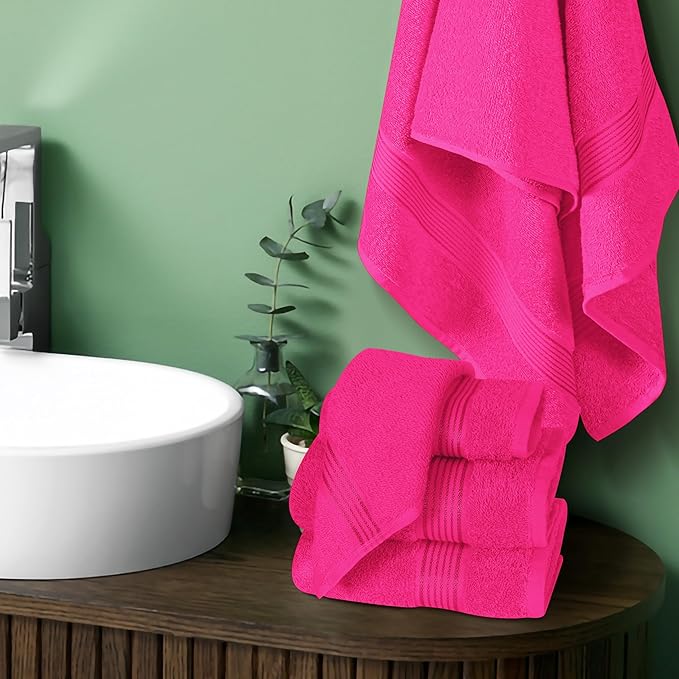 Elvana Home Ultra Soft 6 Pack Cotton Towel Set, Contains 2 Bath Towels 28x55 inch, 2 Hand Towels 16x24 inch & 2 Wash Coths 12x12 inch, Ideal Everyday use, Compact & Lightweight - Hot Pink