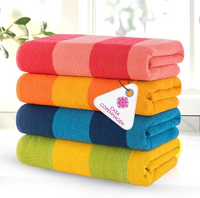 Casa Copenhagen Malibu Towel 4Pcs Orange,Blue,Pink,Green Designer Stripe Beach Towels Gift Set 30"x60" Oversized 100%Cotton Pool Bath Towel for Beach Gift Set (Perfect Summer Gift Set For Women & Men)