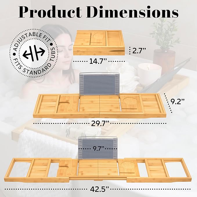 Home It Premium Foldable Bathtub Tray - Bamboo Waterproof Bath Tray for tub Caddy - Wooden Holder for Wine, Book, Soap, Phone, Luxury Gift for Men & Women - Expandable, Fits Most Tubs in Bathroom