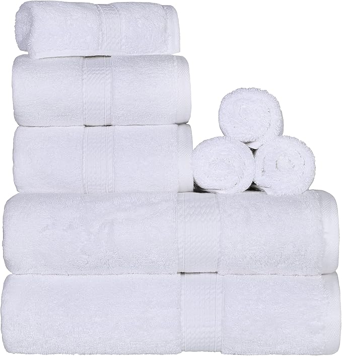SUPERIOR Egyptian Cotton Pile 8 Piece Towel Set, Includes 2 Bath, 2 Hand, 4 Face Towels/Washcloths, Ultra Soft Luxury Towels, Thick Plush Essentials, Guest Bath, Spa, Hotel Bathroom, White