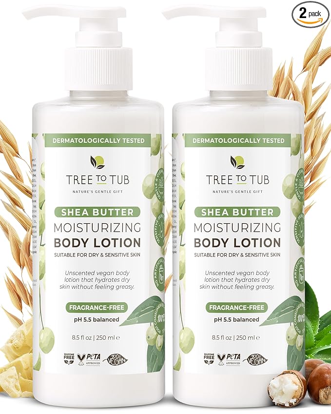 Tree To Tub Unscented Shea Butter Body Lotion for Dry Skin - Fragrance Free Lotion,Vegan Body Moisturizer, Good for Sensitive Skin for both Women & Men 2 Pack