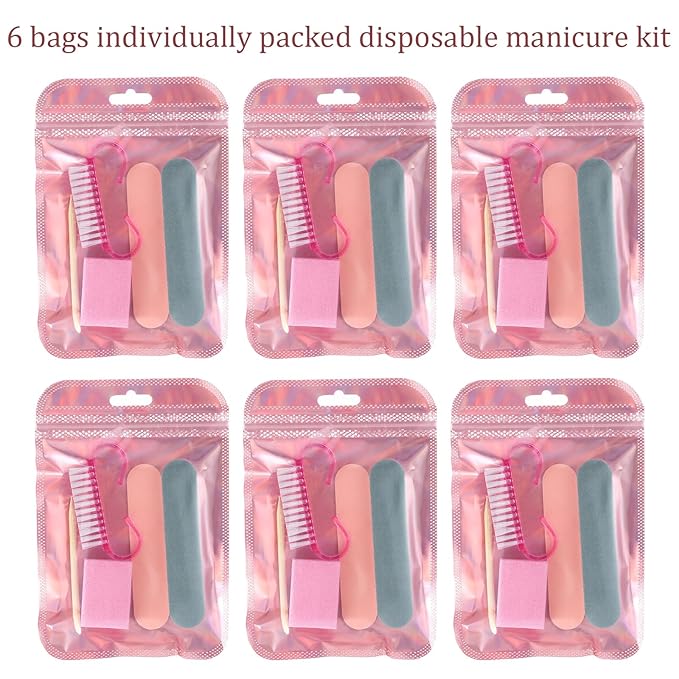 6 Set Disposable Manicure Kit Salon Supplies Press On Nail Tool Kit with Mini Nail Files Buffers Bulk Handle Grip Brush Wood Stick for Salon Home Fingernails Toenails