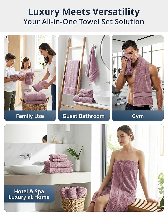 LANE LINEN Bathroom Towels Set of 12 – Zero Twist, 100% Cotton Soft Towel, 4 Bath, 4 Handtowel & 4 Washcloths, Luxury Hotel Design, Perfect for Salon & Guests, Machine Washable – Wishful Mauve
