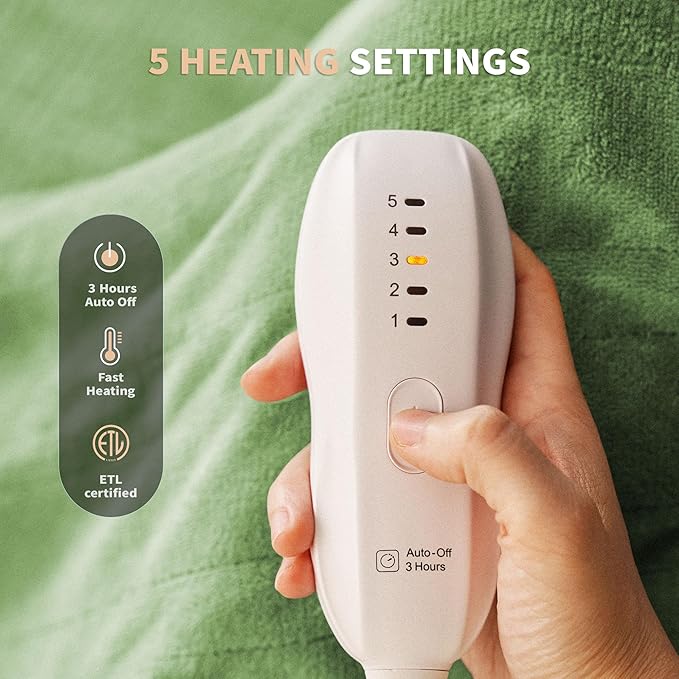 JET'S HOME Heated Blanket 50"x60" - ETL&FCC Certified Flannel Electric Blanket Machine Washable Heating Throw with 5 Heating Levels 3 Hours Auto-Off Overheating Protection Gift for Family(Bud Green)