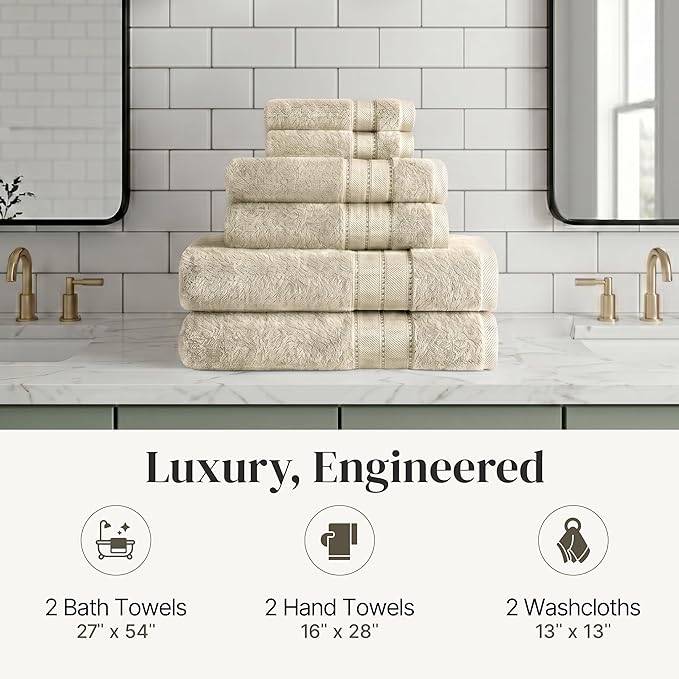 Modern Threads - Spun Loft 6-Piece 100% Combed Cotton Towel Set - Bath Towels, Hand Towels, & Washcloths - Super Absorbent & Quick Dry - 600 GSM - Soft & Plush, Sand