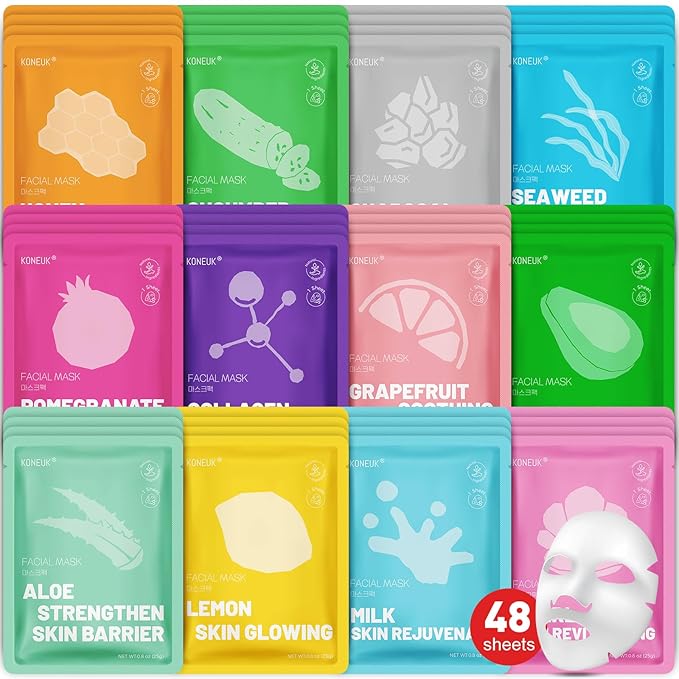 KONEUK 48 Pack Collagen Hydrating Face Masks Skincare for Women, Moisturizing & Soothing Face Mask for All Skin Types, Facial Masks Set Spa Gifts for Women, Bulk Sheet Face Mask for Skin Care