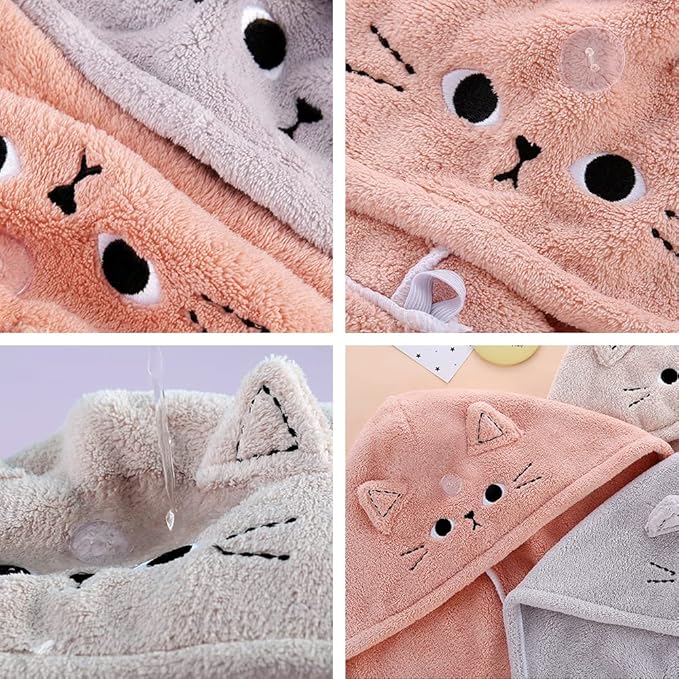Cute Cat Microfiber Hair Towel Wrap for Kids,3 Packs Hair Drying Towels Rapid Dry Hair Turban Funny Twist Hair Towel for Women Girls Kids Curly Long Hair(Cat)