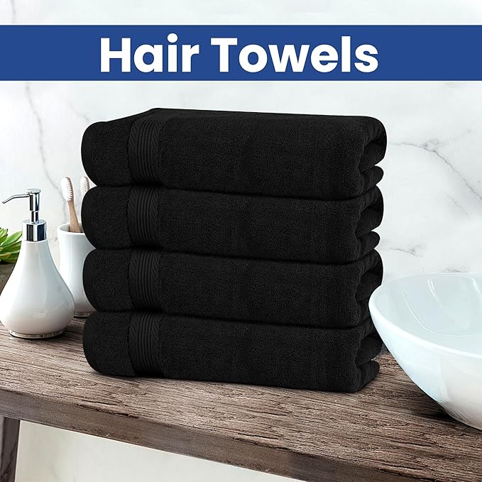 Linteum Textile Supply Luxury Hair Towels 100% Ring Spun Cotton Bleach Proof Hair Towel for Women, Men, Kids | 20x40 inches Quick Dry Towels for Gym, Beauty, Spa, Salon | Pack of 12 | Black