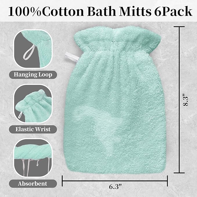 VOOVA & MOVAS Kids Bath Mitts 6-Pack, 100% Cotton Soft Absorbent Wash Cloths with Hanging Loop, 8.3x6.3 Inch European Style Bath Mitt for Toddler Shower, Green Dino