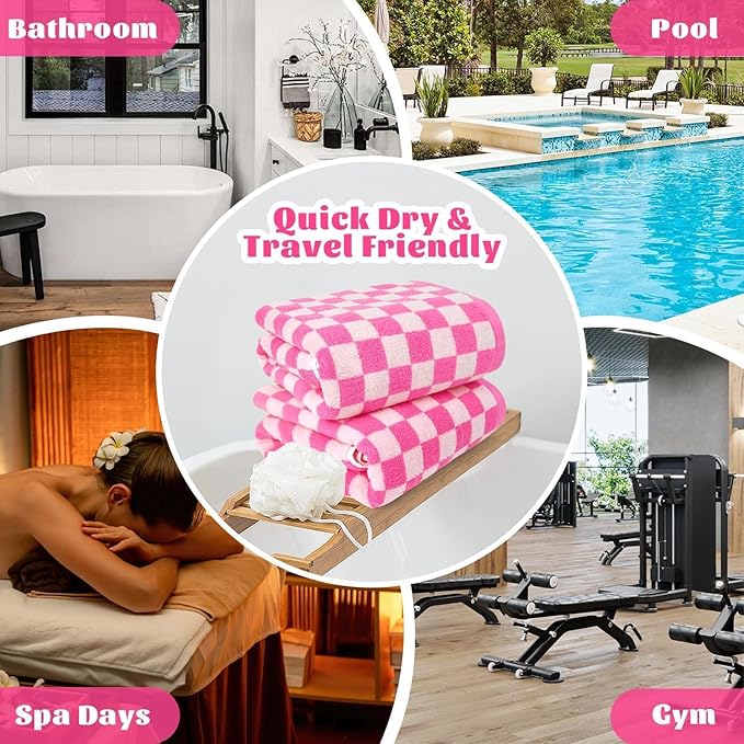 Jacquotha Hot-Pink Checkered Cotton Bath Towels Set of 2 - Cute Aesthetic Bathroom Towels for Women Girls Teens, Bathroom Decor 27.5" x 55"