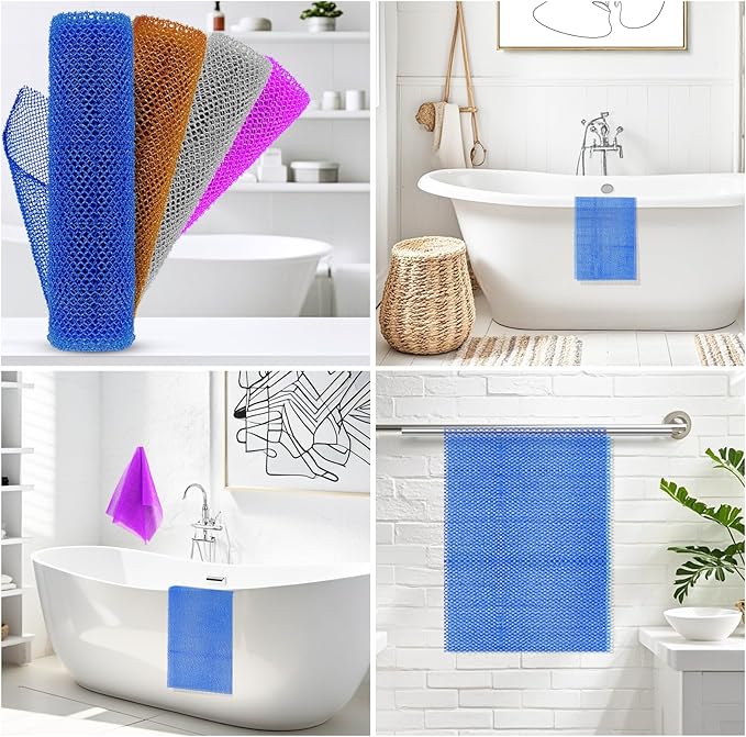 4 Pieces African Net Sponge for Deep Exfoliation – African Net Sponge Authentic, Exfoliating Washcloth, Quick-Drying African Net for Smooth & Glowing Skin(Brown, Blue, Purple,Grey)