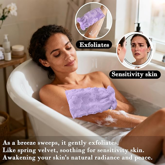 VOOVA & MOVAS 6-Pack Shower Wash Cloth, 100% Cotton Soft Absorbent Bath Mitts with Hanging Loop, 8.3x6.3 Inch European Style Bathing Gloves for Body & Spa, Purple Flower
