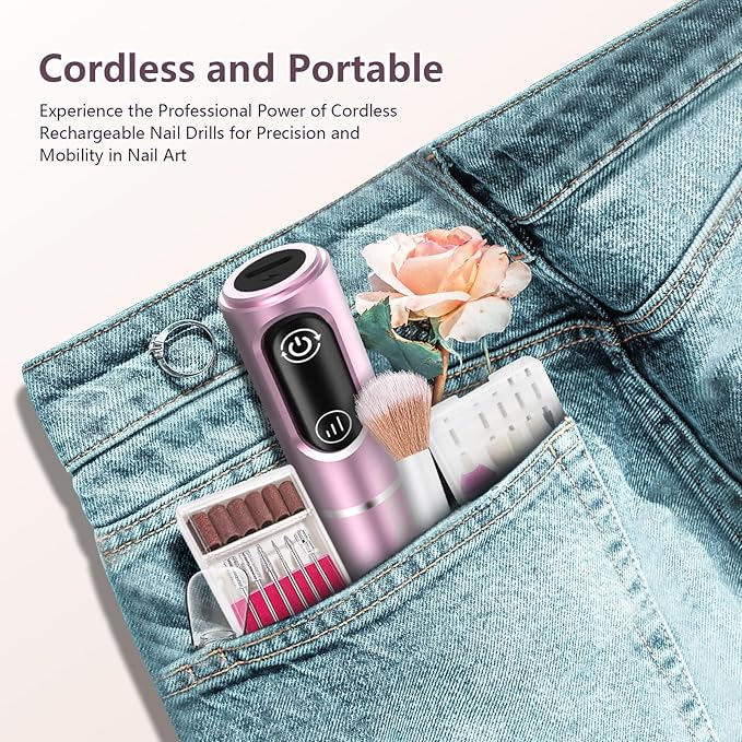 TUOBEO Cordless Nail Drill Electric Rechargeable File Kit, Professional Efile Acrylic Gel Nail Polish Remover Pedicure Manicure Machine Portable Set with 11 Bits 56 Sanding Bands for Salon Home Pink